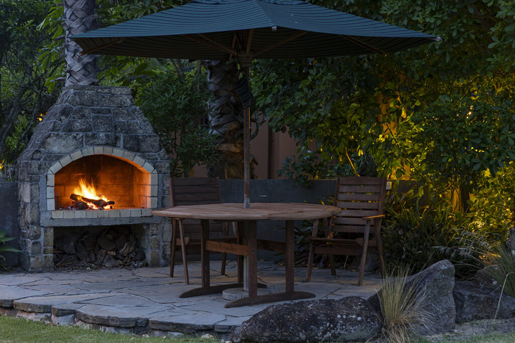 Sunset dining and outdoor fireplace